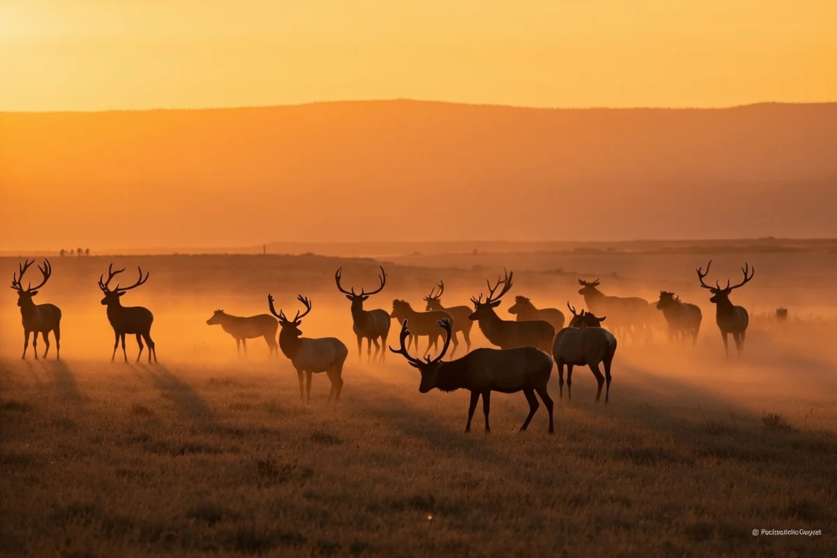 Elk herd feeding in Missouri River Breaks terrain at sunset with dramatic coulees in background