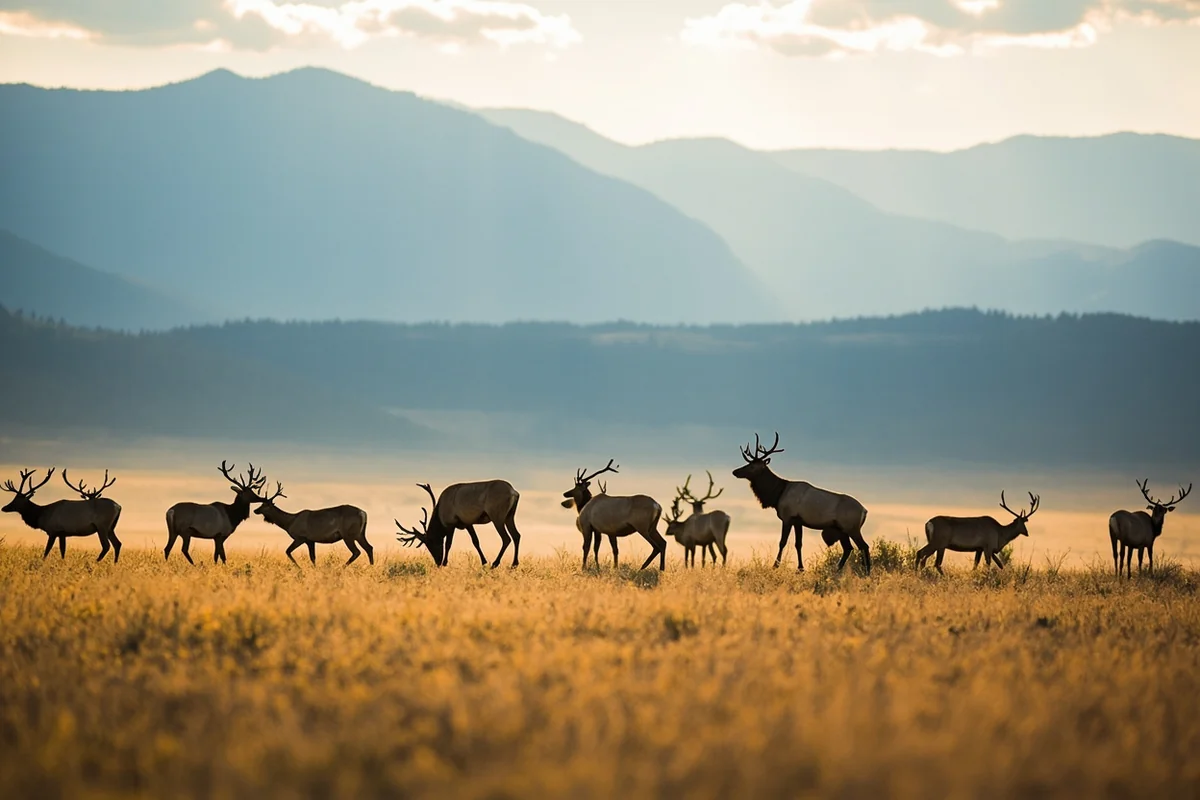 Elk herd grazing in a Montana valley with mountains in background