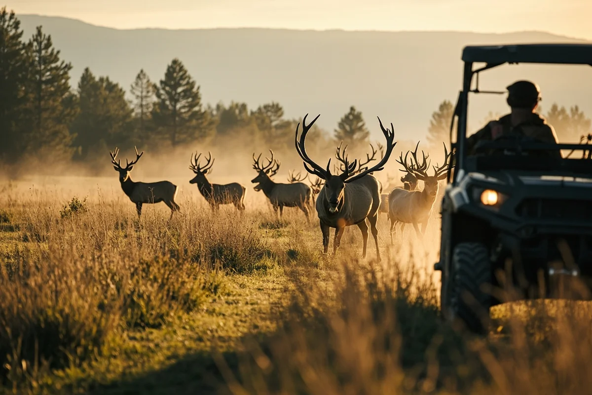 Elk herd visible in a meadow from a UTV trail perspective