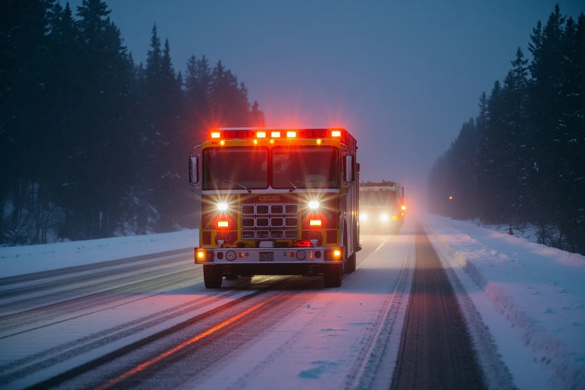 Emergency response vehicle on a snowy Montana highway with flashing lights and poor visibility