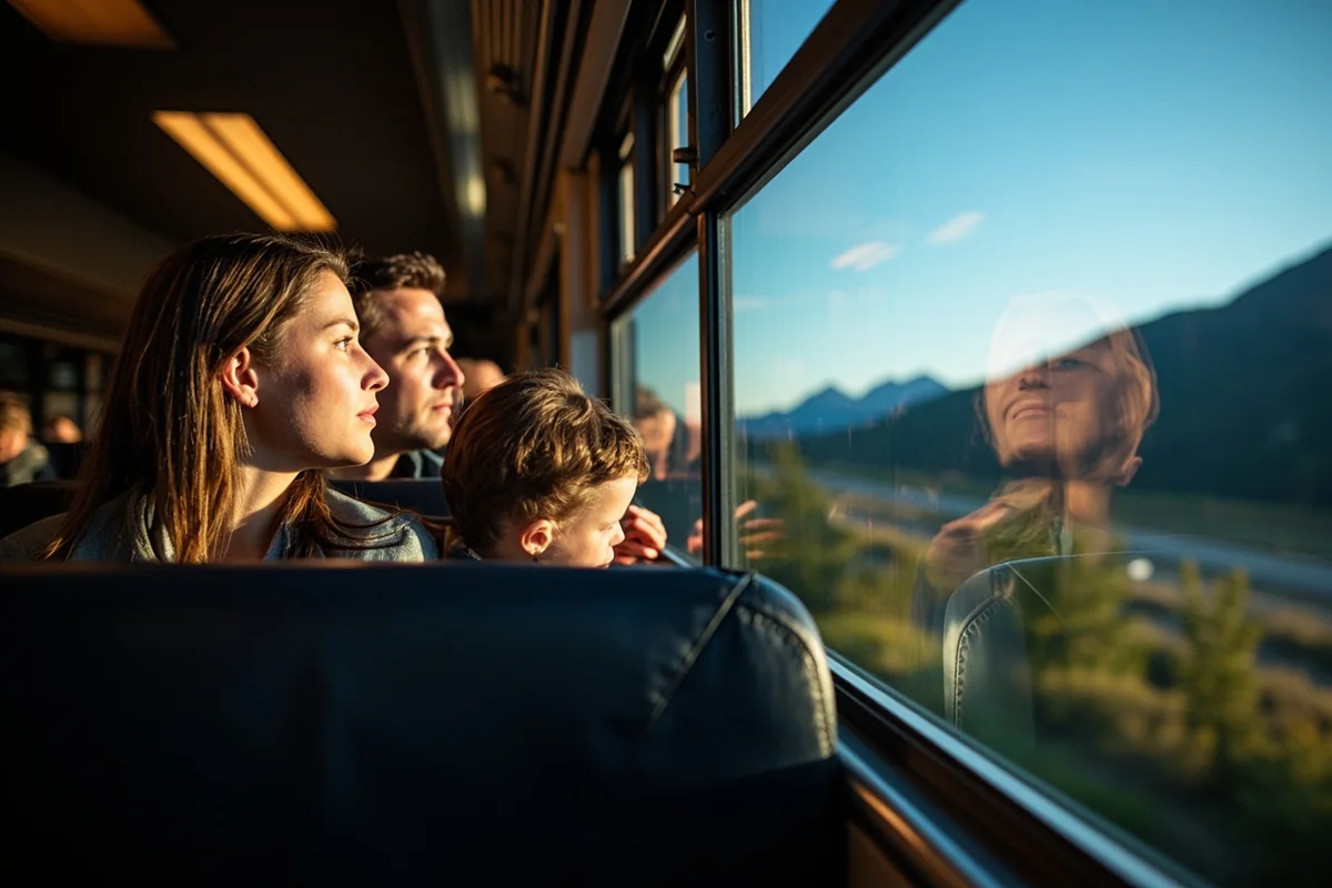 Empire Builder observation car interior with passengers viewing mountain scenery
