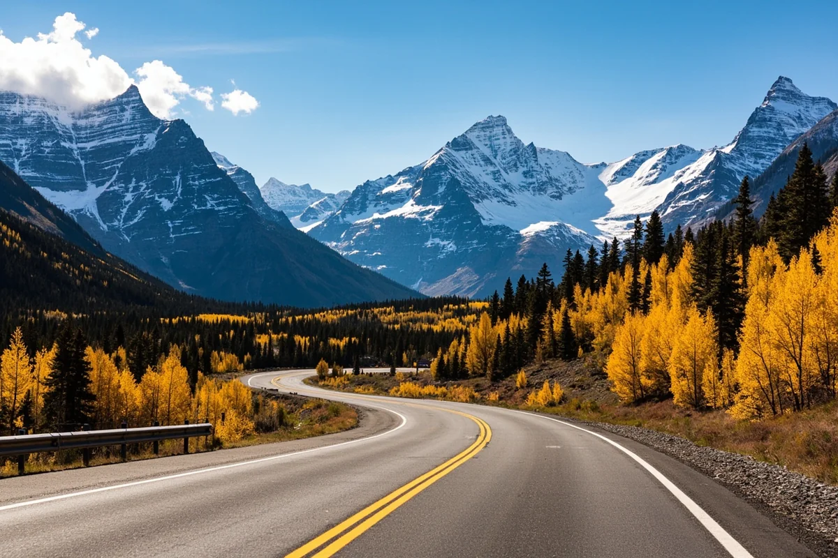 Empty Going-to-the-Sun Road with fall colors and snow-capped peaks