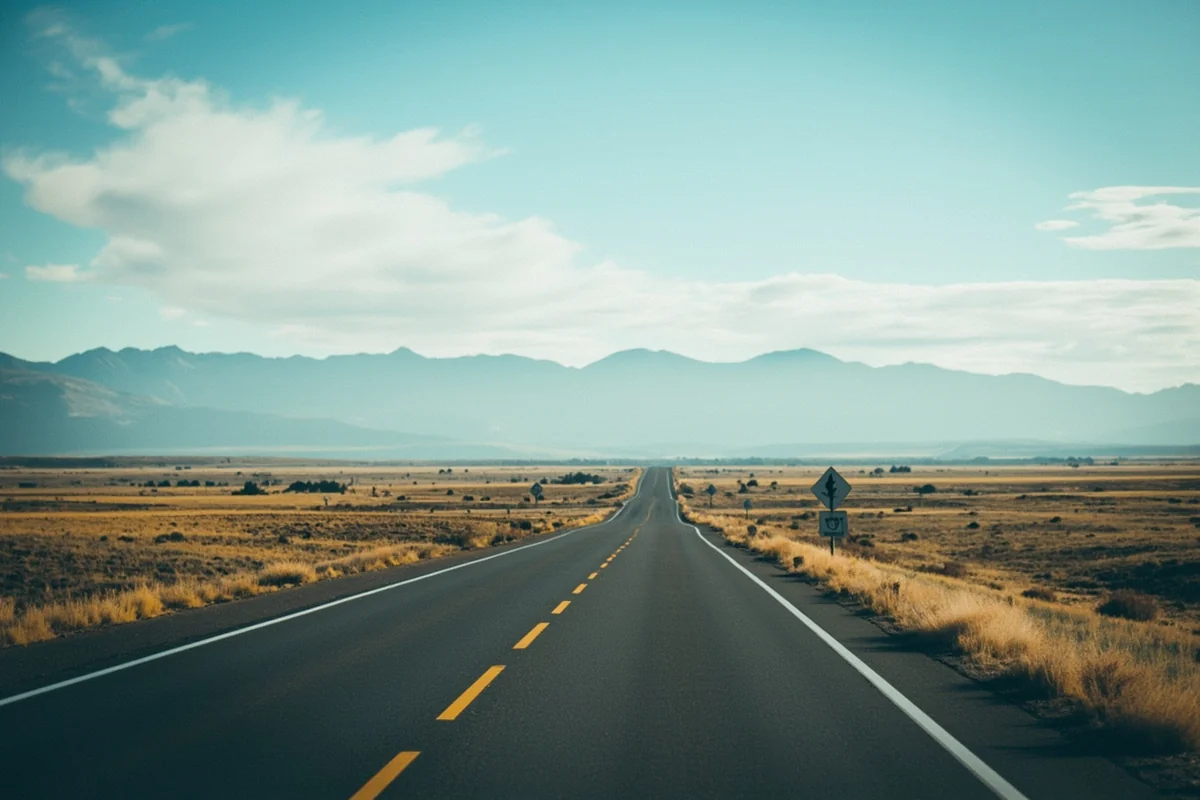 Empty highway stretching toward distant mountains in central Montana