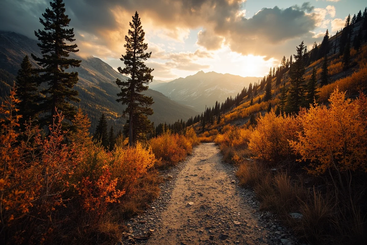 Empty hiking trail at Logan Pass with fall colors and dramatic lighting