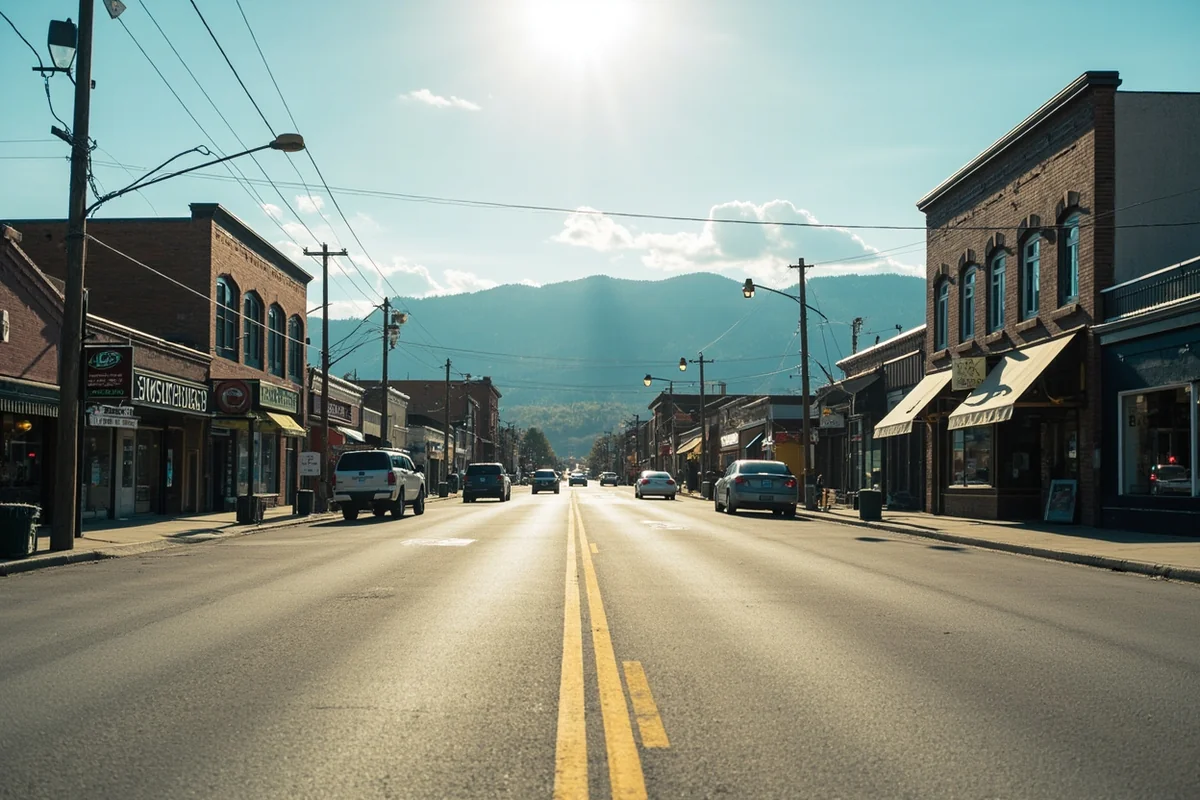 Empty main street in small Montana town showing one or two cars and wide open spaces