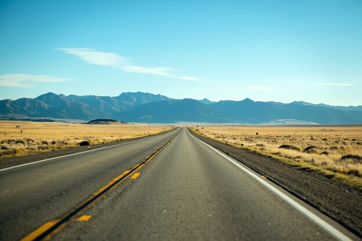 Empty Montana highway stretching toward distant mountains with unobstructed sky