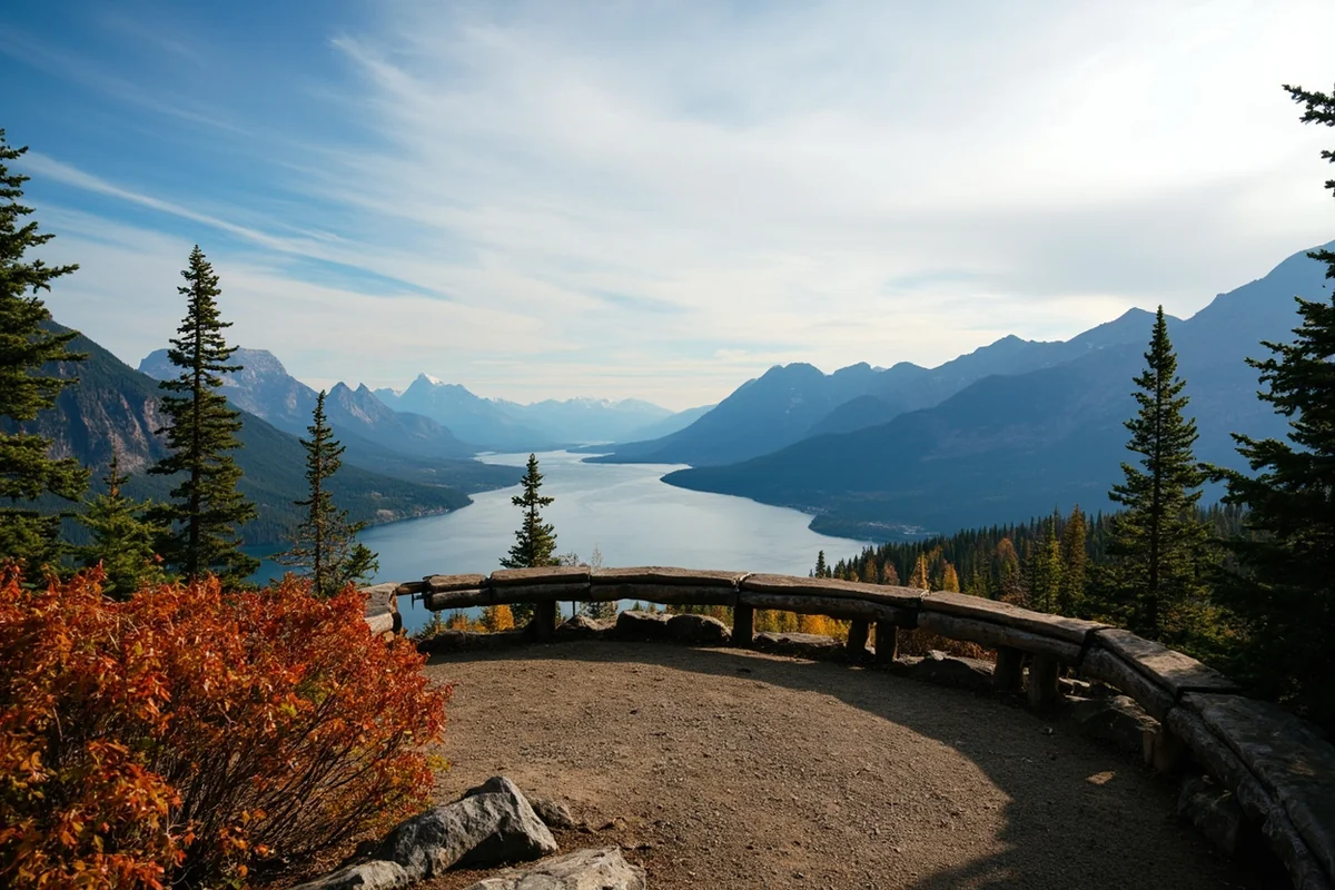 Empty scenic overlook at Glacier National Park with fall colors and no crowds