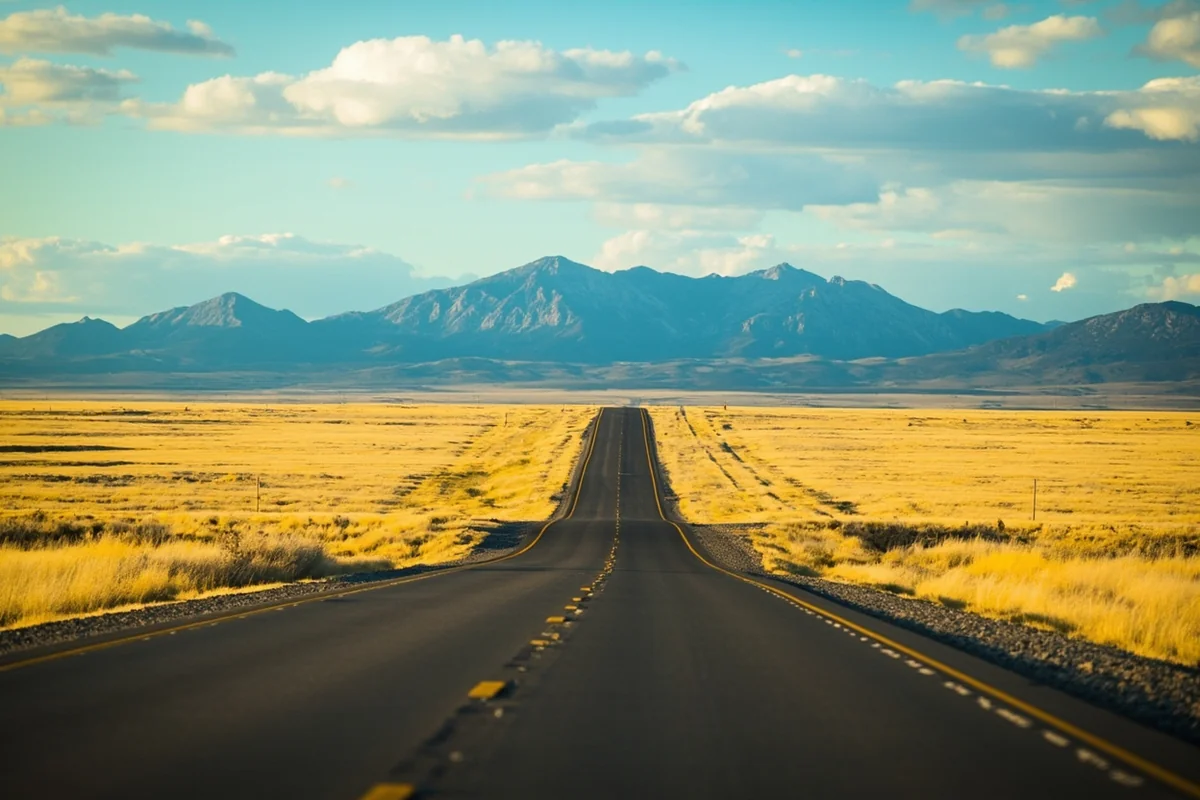 Empty two-lane highway cutting through golden Montana grassland with distant mountains
