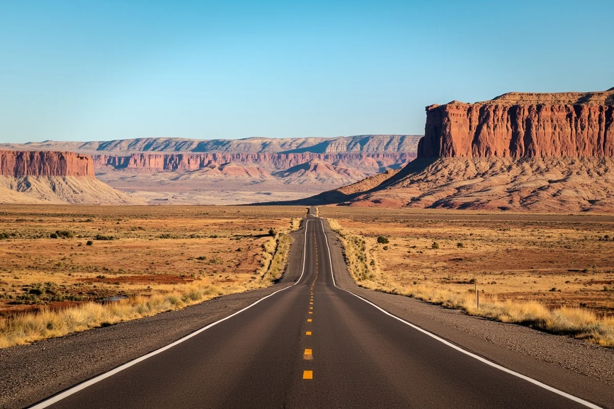Empty two-lane highway cutting through the Missouri Breaks badlands with dramatic rock formations