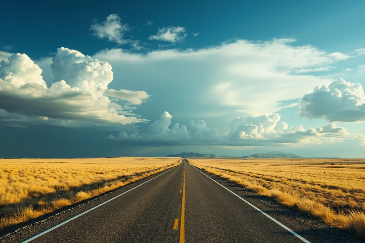 Empty two-lane highway stretching through golden Montana prairie with dramatic cloud formations