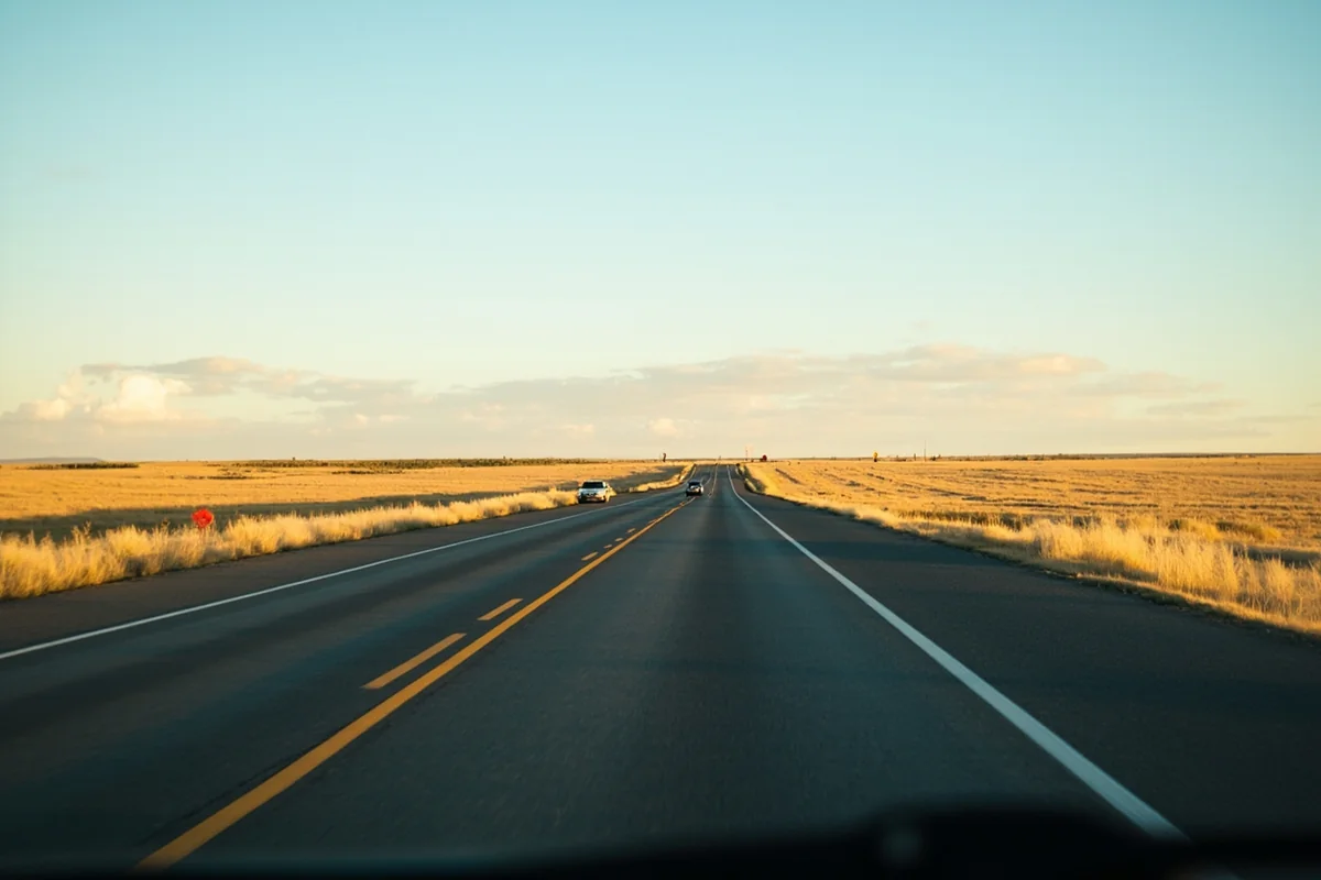Empty two-lane highway stretching through Montana prairie with no other cars visible