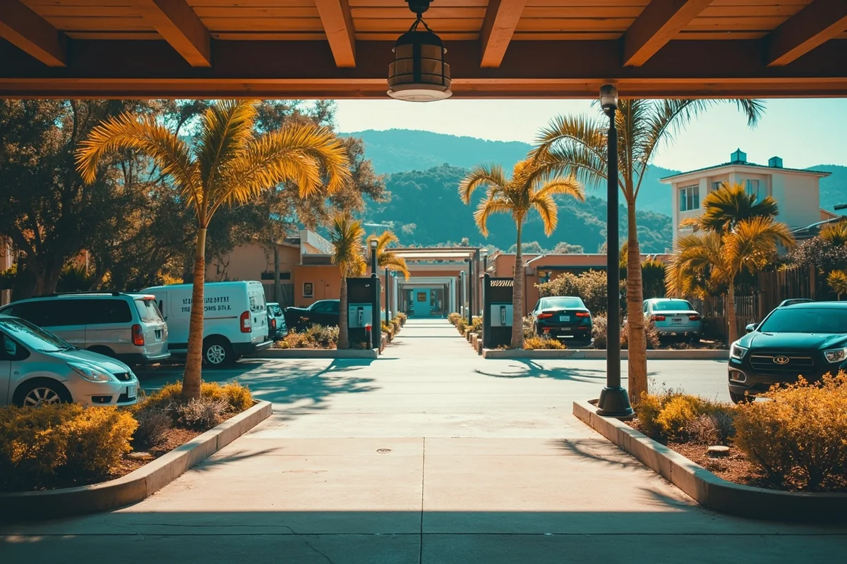 Entrance area showing the parking lot, payment booth, and pathway to the pool area
