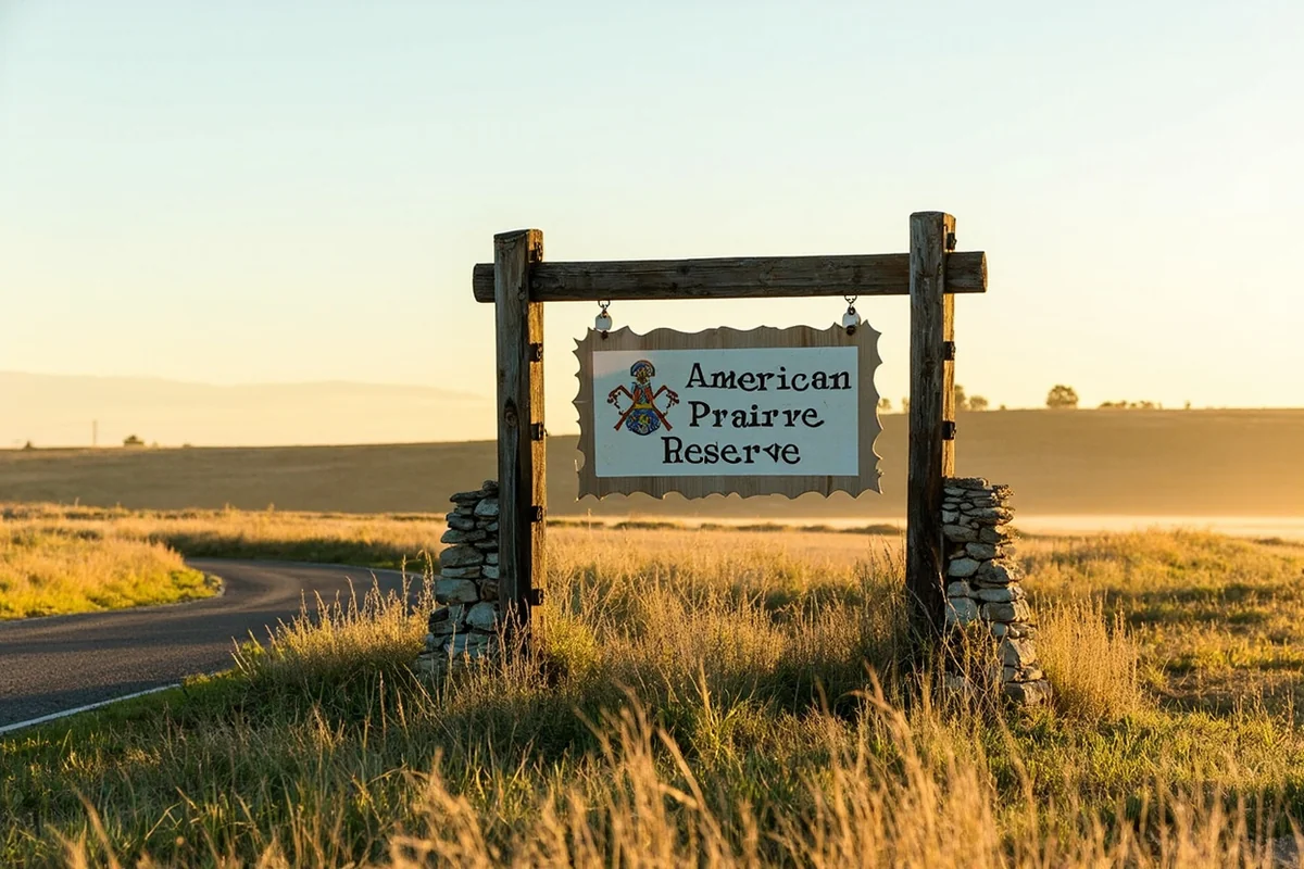 Entrance sign to American Prairie Reserve with open prairie landscape behind it