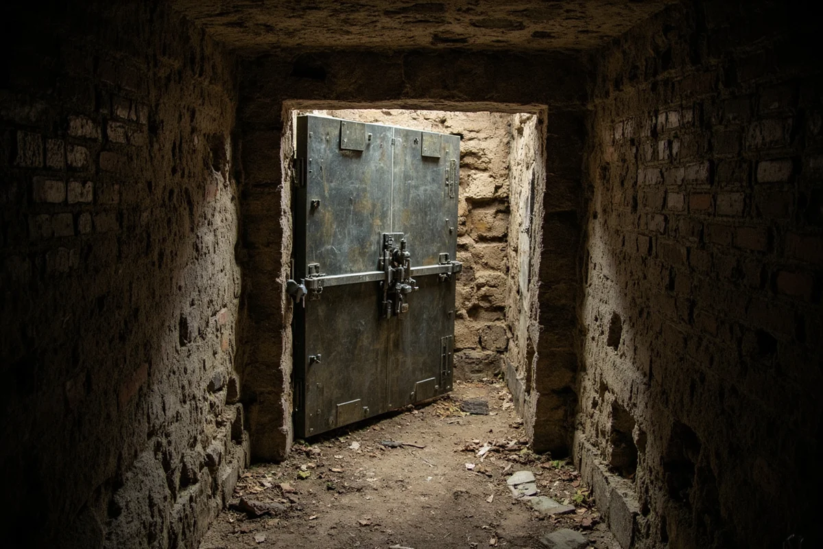 Entrance to decommissioned underground bunker with heavy blast door partially visible