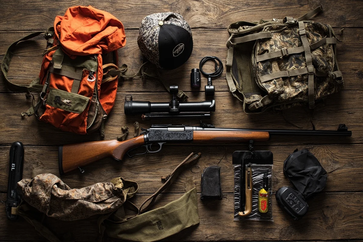 Essential gear layout for Montana mountain lion hunting including rifle, pack, clothing, and accessories