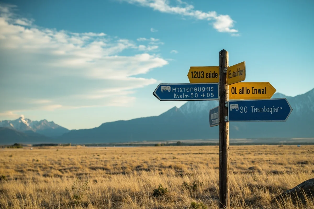 European-style directional road signs in Montana, showing distances that seem impossibly large
