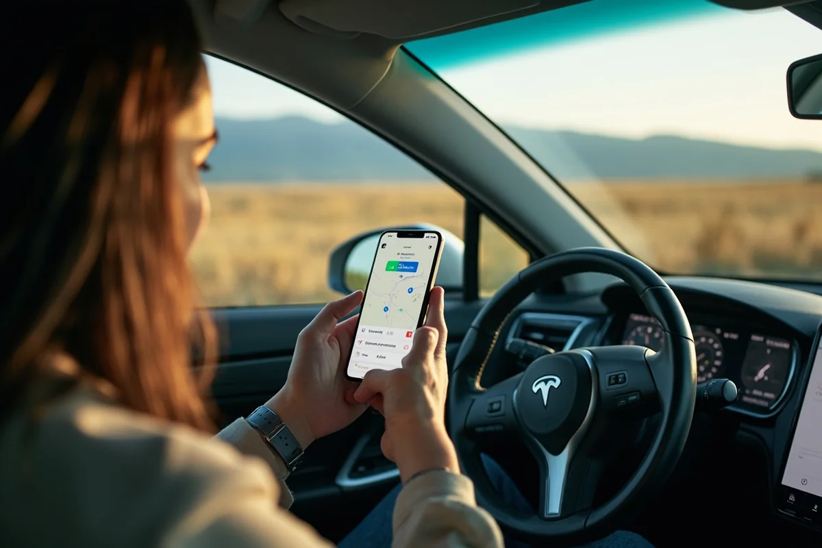 EV driver using charging app on smartphone with Montana landscape in background