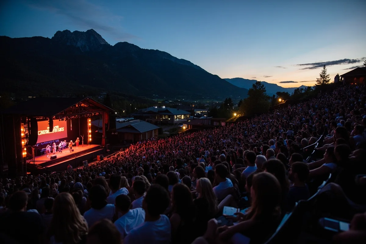 Evening concert at outdoor amphitheater with mountain backdrop