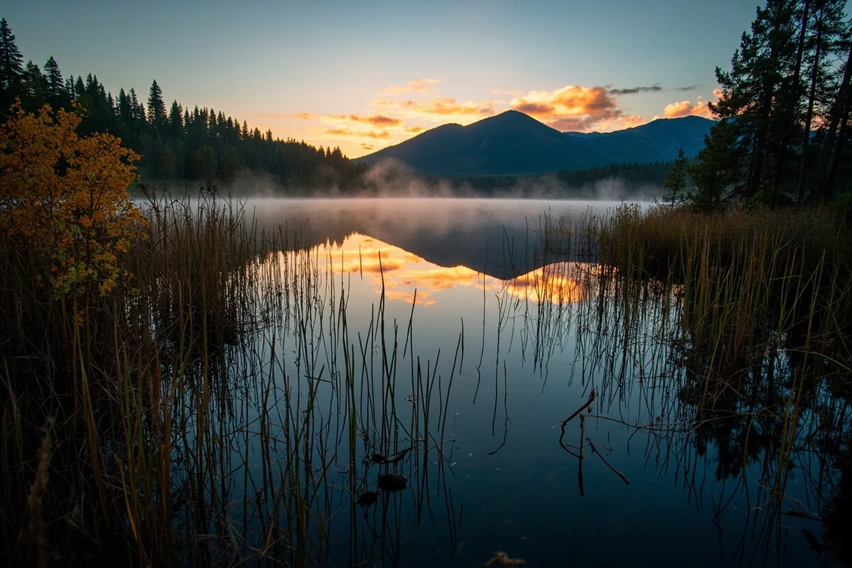 Evening scene at a Montana lake showing prime mosquito habitat conditions