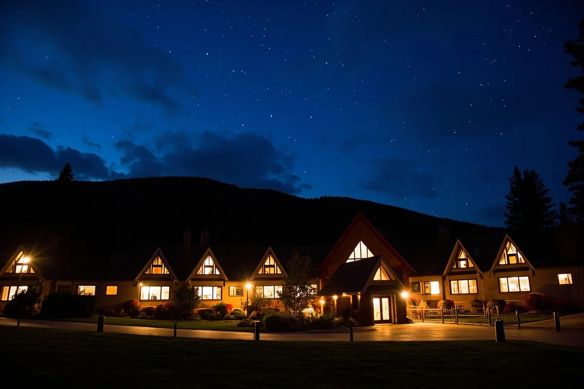 Evening shot of Chico showing the lit windows of the main lodge, perhaps with stars becoming visible overhead, capturing the resort's warm atmosphere