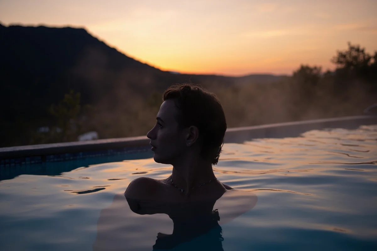 Evening silhouette of a soaker in the hot spring with mountain backdrop