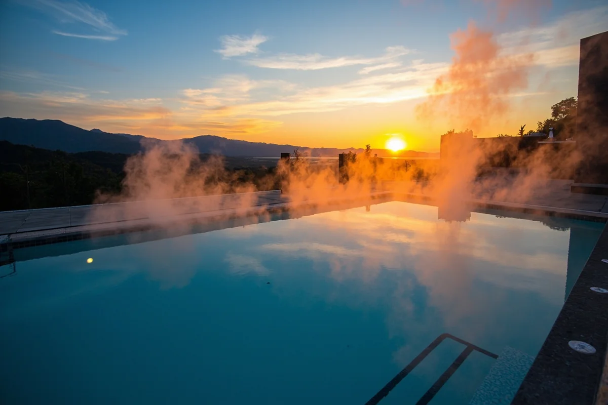 Evening/sunset shot of outdoor pool area with steam and possible mountain silhouettes