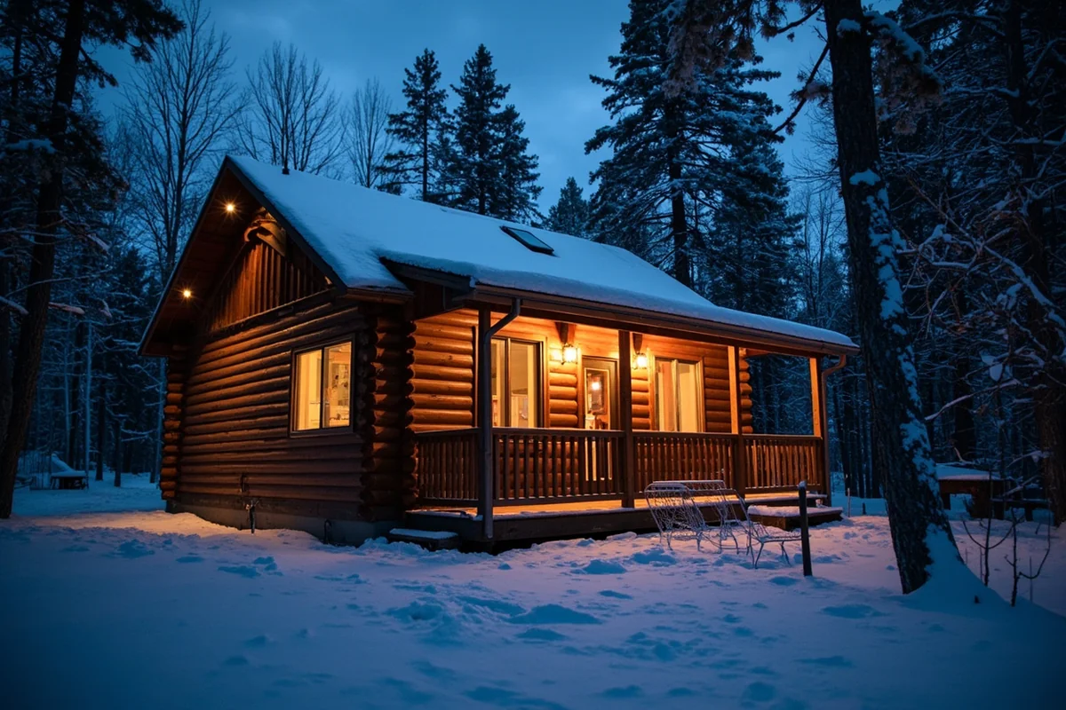 Evening view of a cozy cabin near Georgetown Lake with snow on the roof and warm lights inside