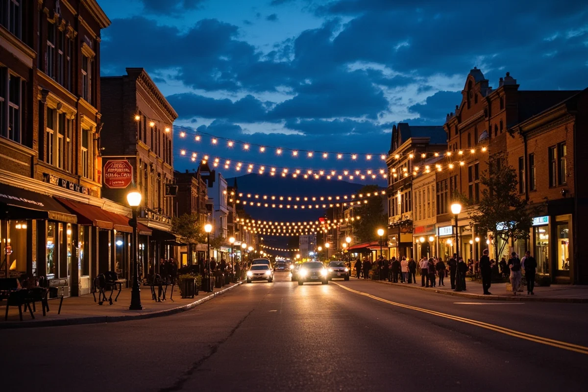 Evening view of Central Avenue in downtown Whitefish with pedestrians, outdoor dining, and string lights