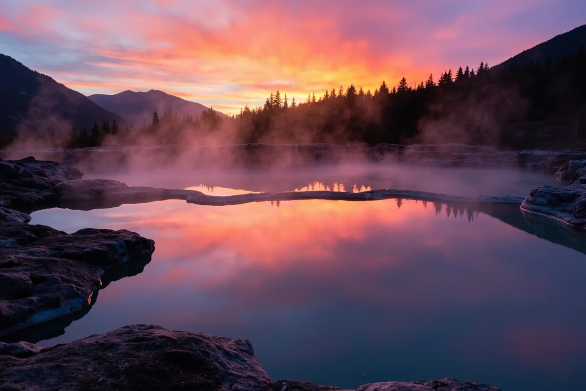 Evening view of Quinn's Hot Springs main pool with sunset colors reflected in steam and forested mountains silhouetted behind