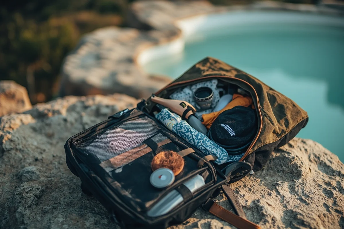 Example of a visitor's well-packed day bag with hot spring essentials laid out on a rock