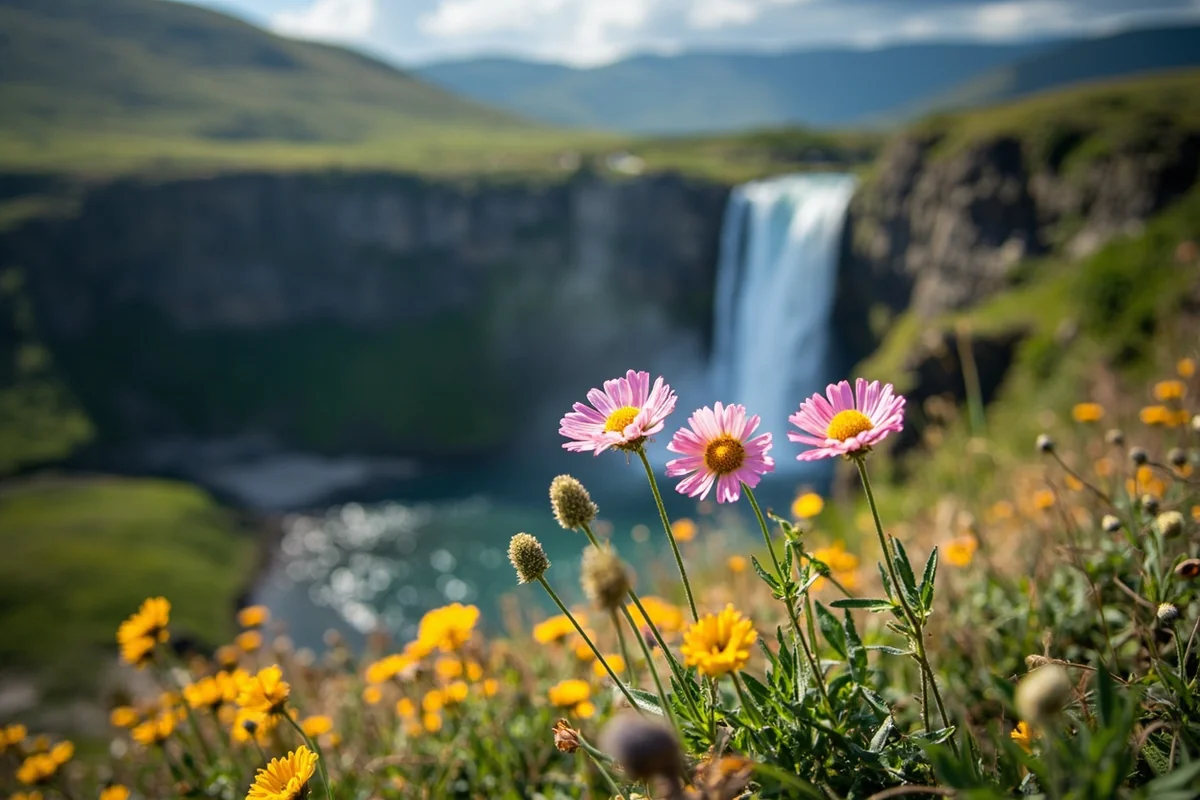 Example photograph showing optimal composition with wildflowers in foreground and falls in background