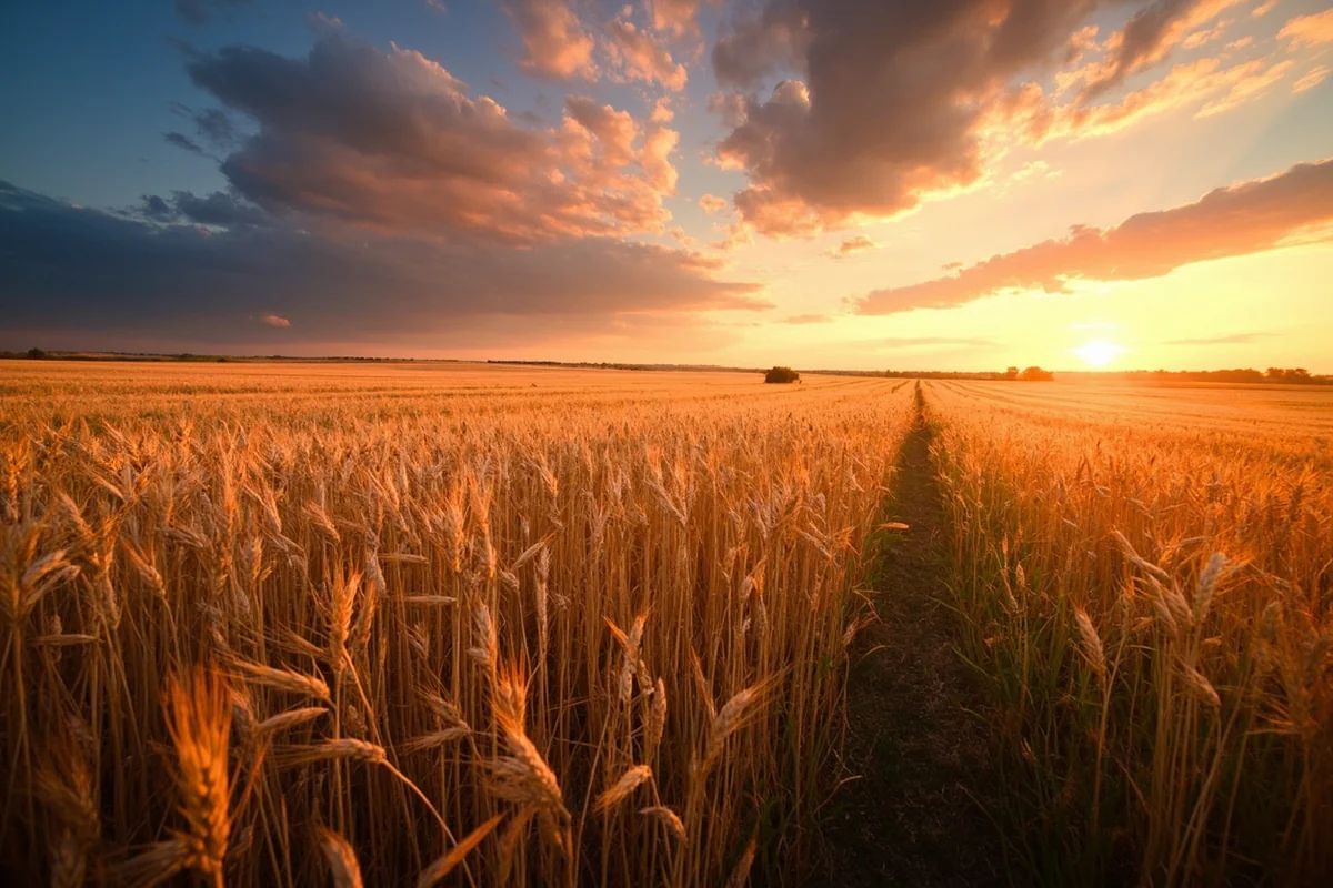 Expansive wheat fields under big Montana sky near Great Falls at golden hour