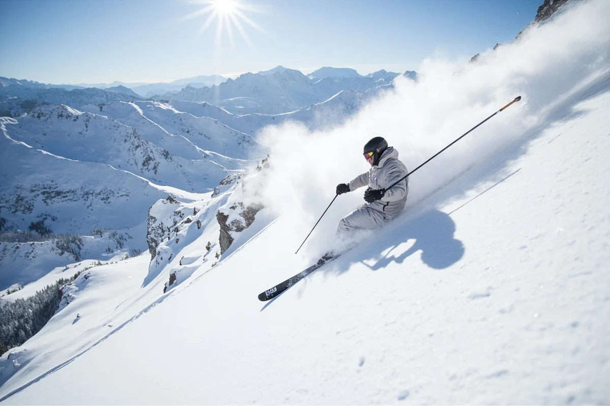 Expert skier navigating steep terrain in Resolution Bowl with rocky outcroppings visible