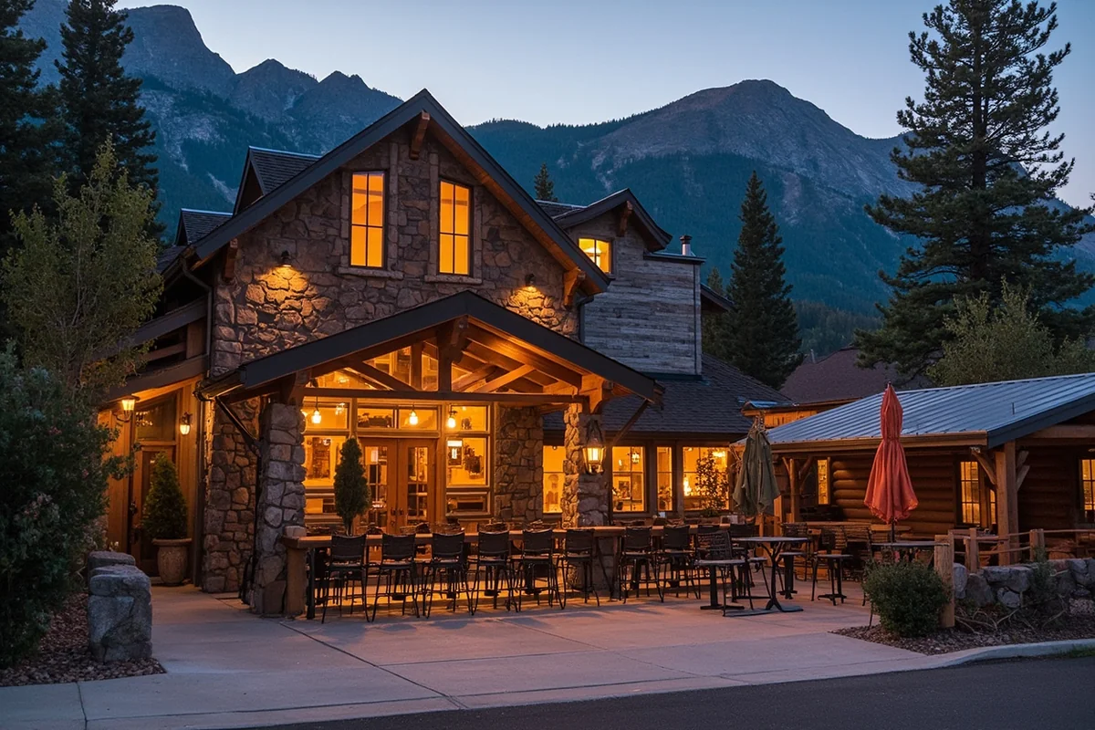 Exterior of a Montana craft brewery with mountain backdrop and outdoor seating area