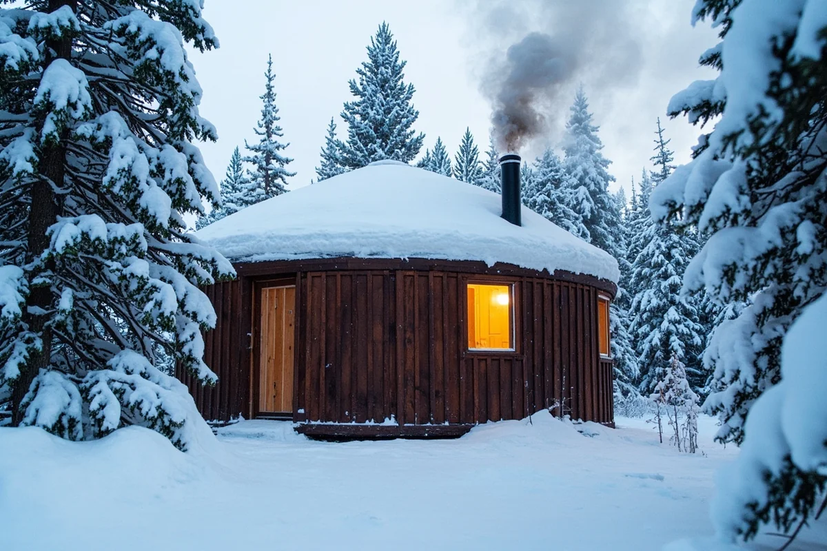 Exterior of a Montana yurt in winter with snow-covered pines and smoke rising from the chimney