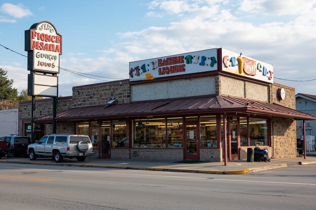 Exterior of a typical Montana agency liquor store attached to a grocery store, showing separate signage