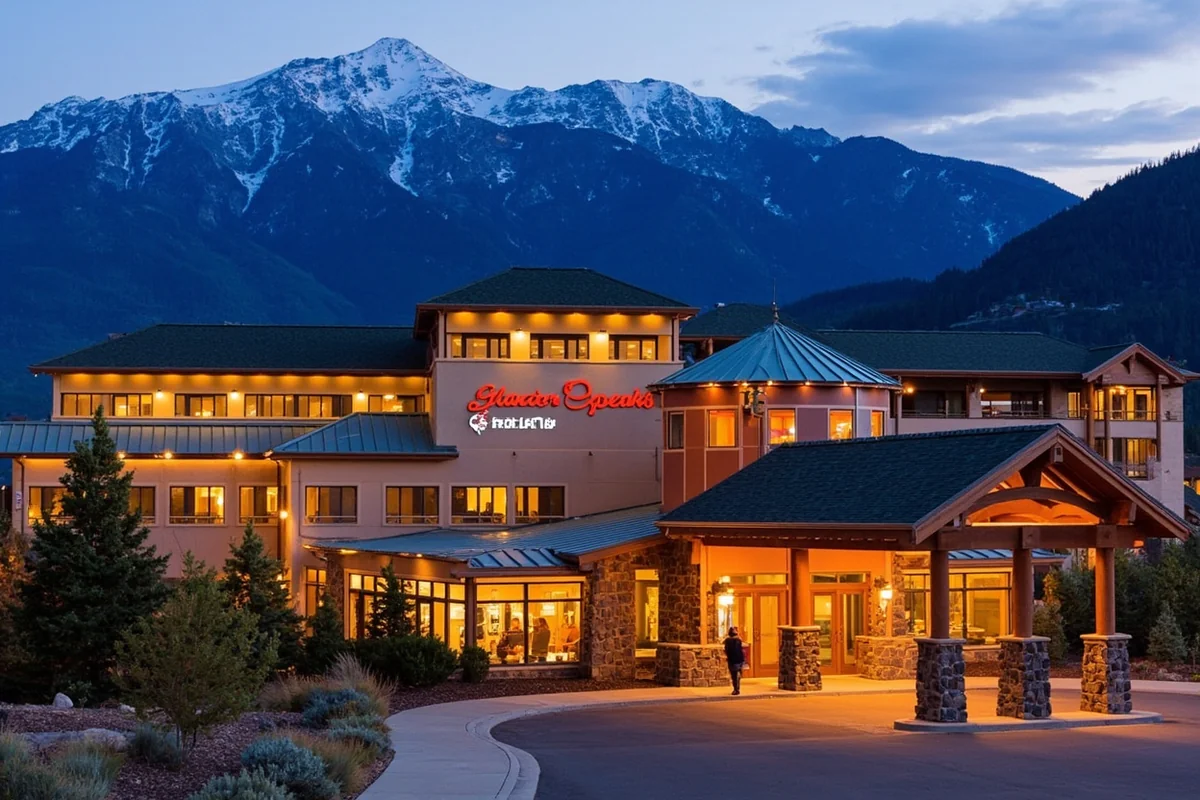 Exterior of Glacier Peaks Casino with mountain backdrop showing the Blackfeet Reservation landscape