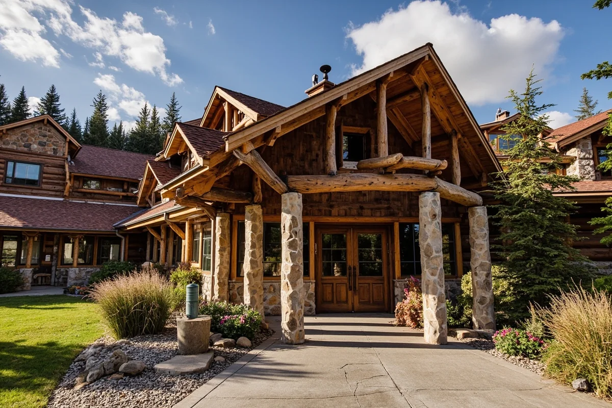 Exterior of Lolo Hot Springs Lodge building with rustic wooden architecture