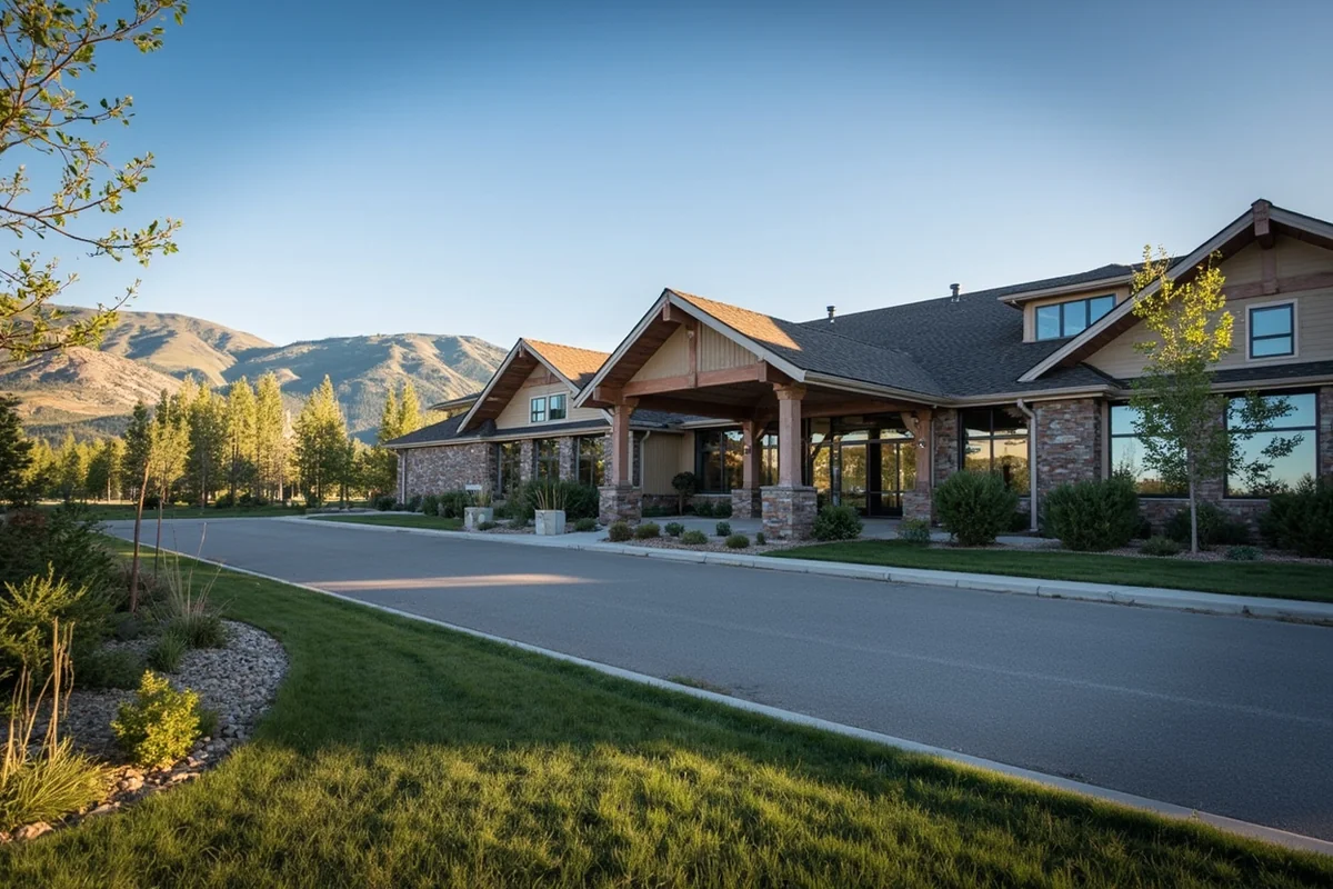 Exterior of modern medical facility in Kalispell with mountain views