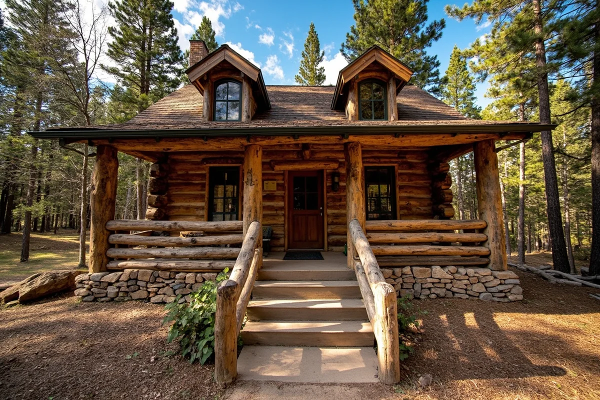 Exterior of rustic log cabin at Elkhorn Hot Springs showing traditional construction, covered porch, and mountain forest setting