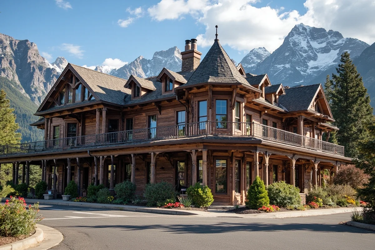 Exterior shot of the historic Main Lodge building, showing its Victorian architecture and mountain backdrop