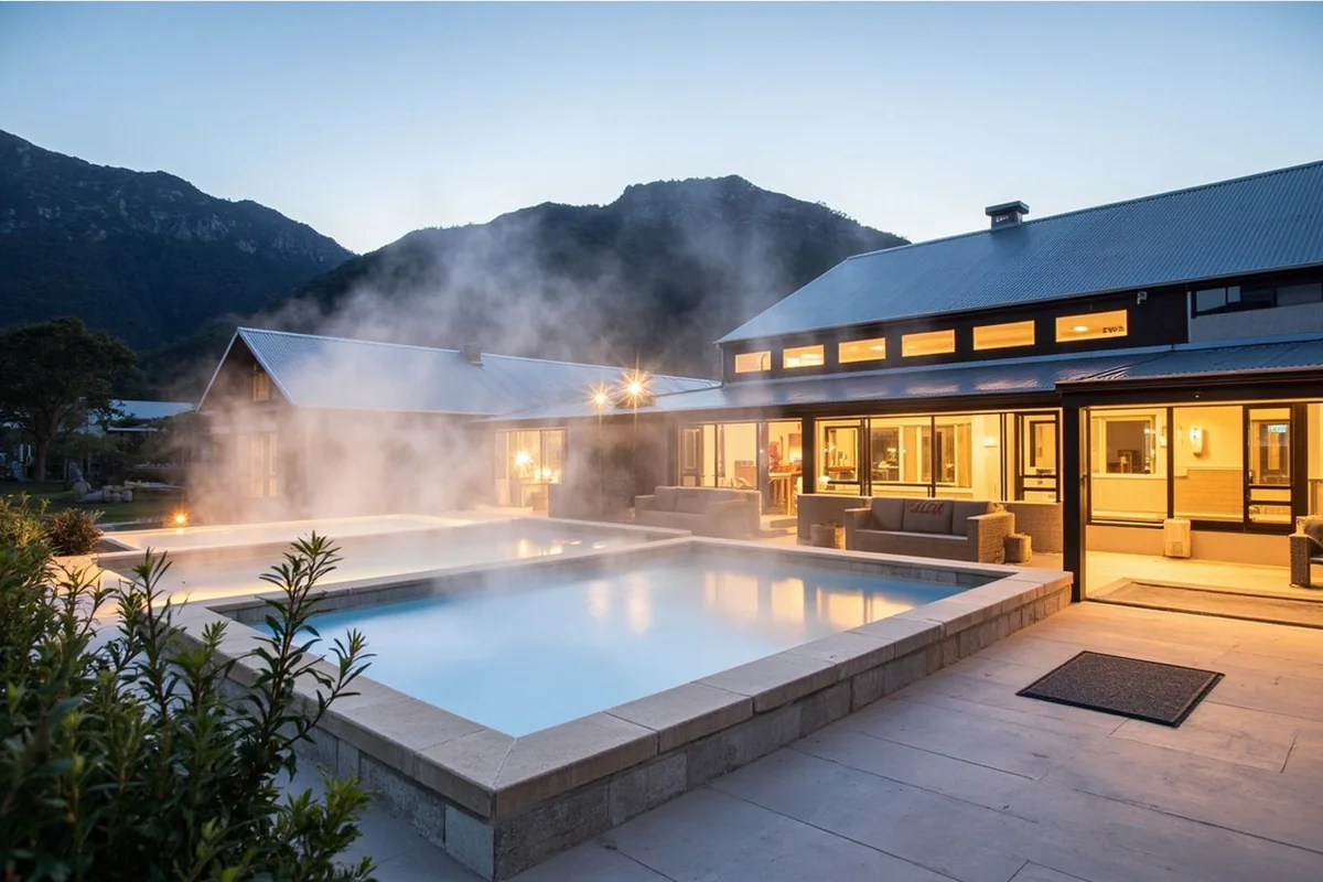Exterior view of Broadwater Hot Springs building with steam rising from outdoor pools and mountains in background