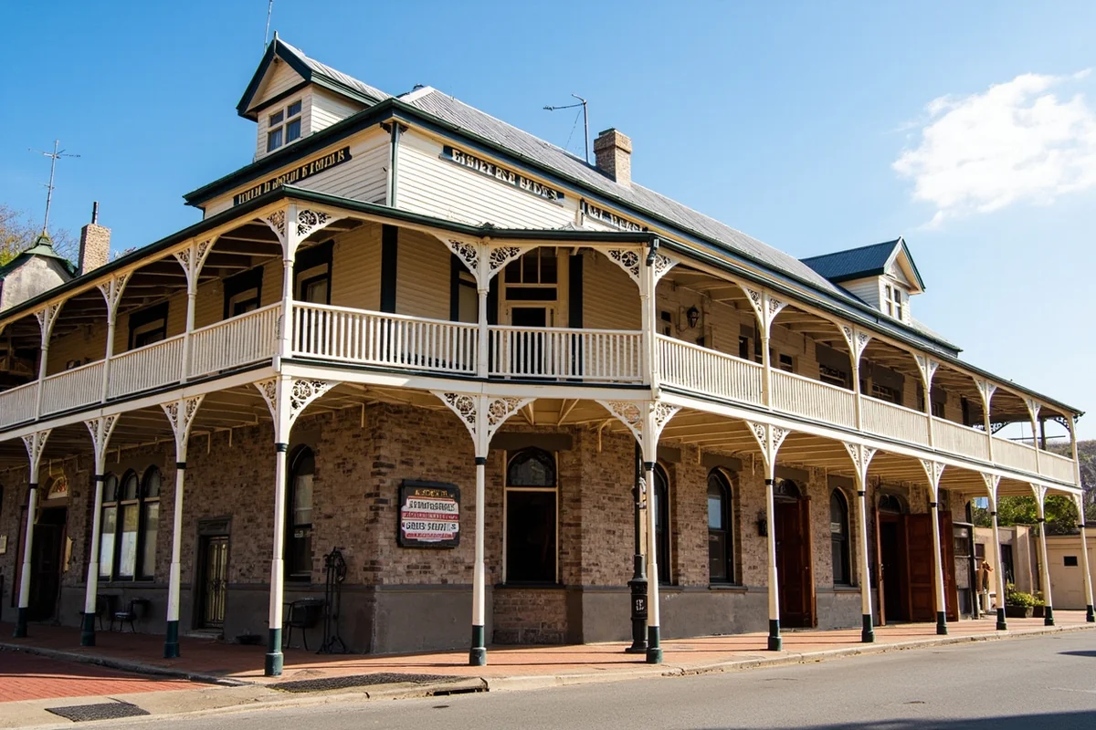 Exterior view of the historic Symes Hot Springs Hotel building with its distinctive architecture
