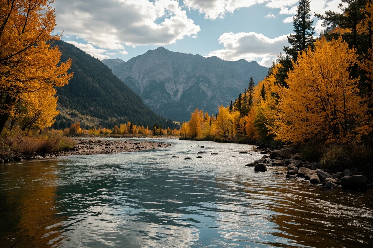 Fall colors along a Montana river with rockhounding terrain visible