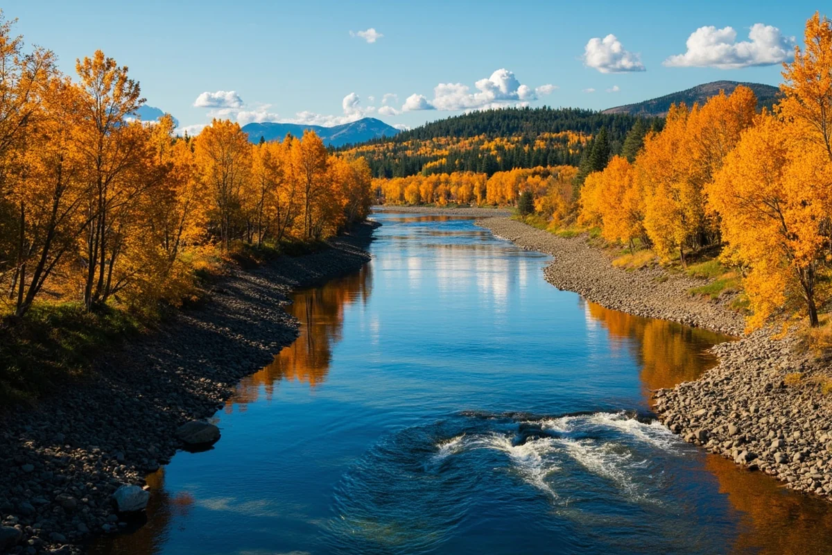 Fall colors along the Flathead River near Columbia Falls with cottonwood trees