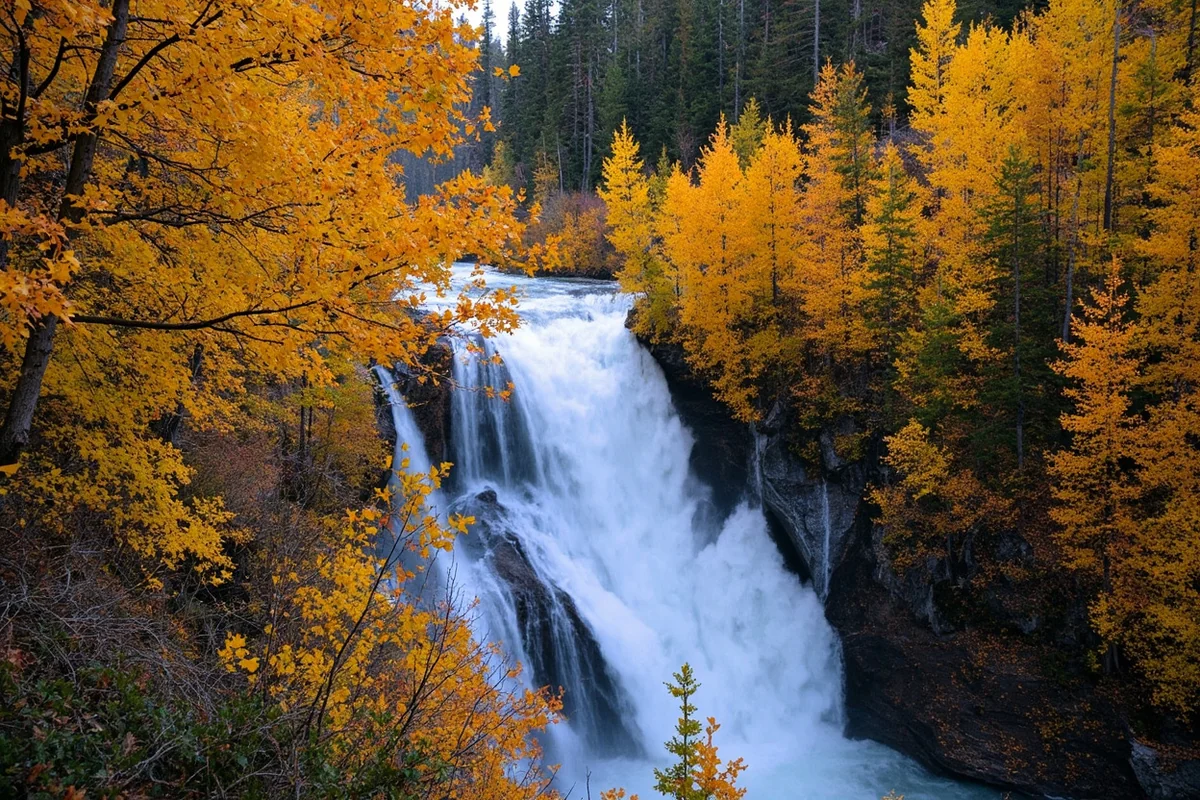 Fall colors at Kootenai Falls with golden larch trees framing the cascades