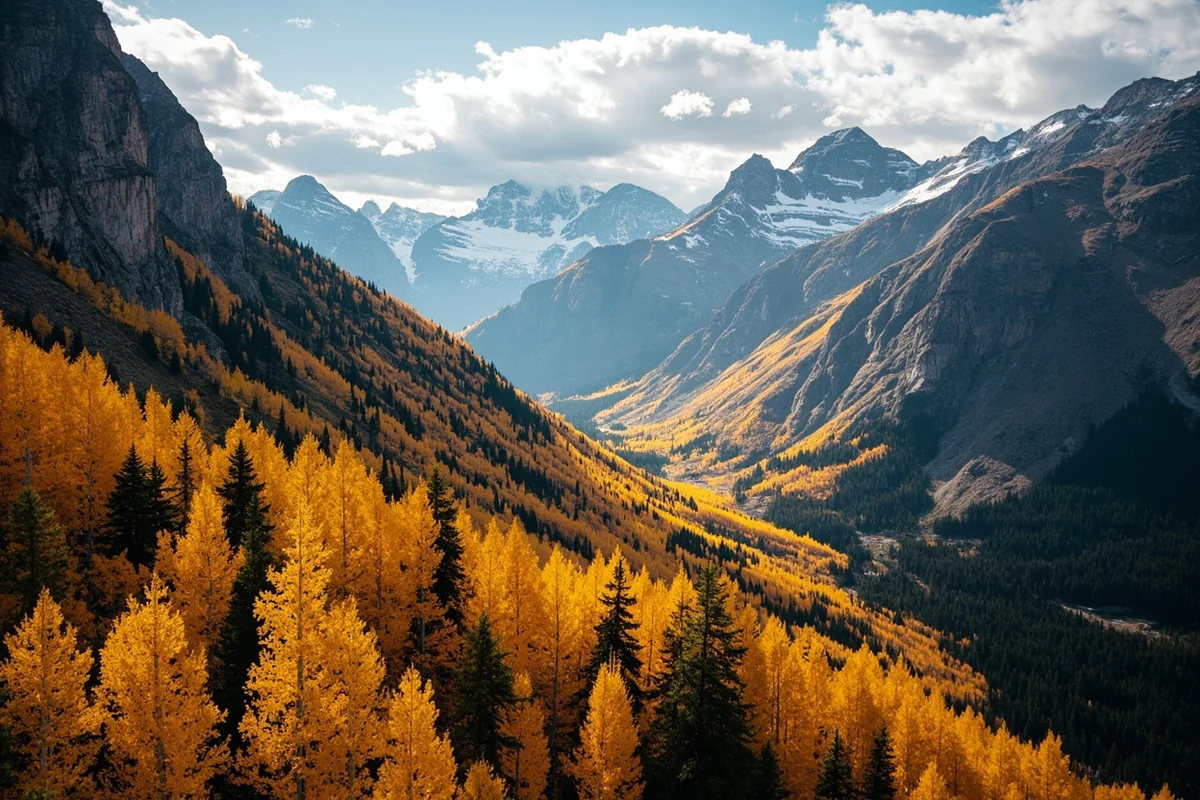 Fall colors in mountain valley seen from helicopter with golden larch trees