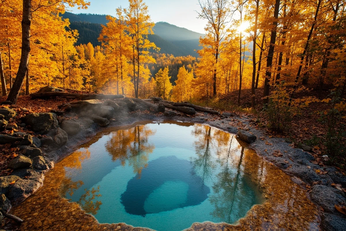 Fall colors surrounding a natural hot spring with golden aspen trees