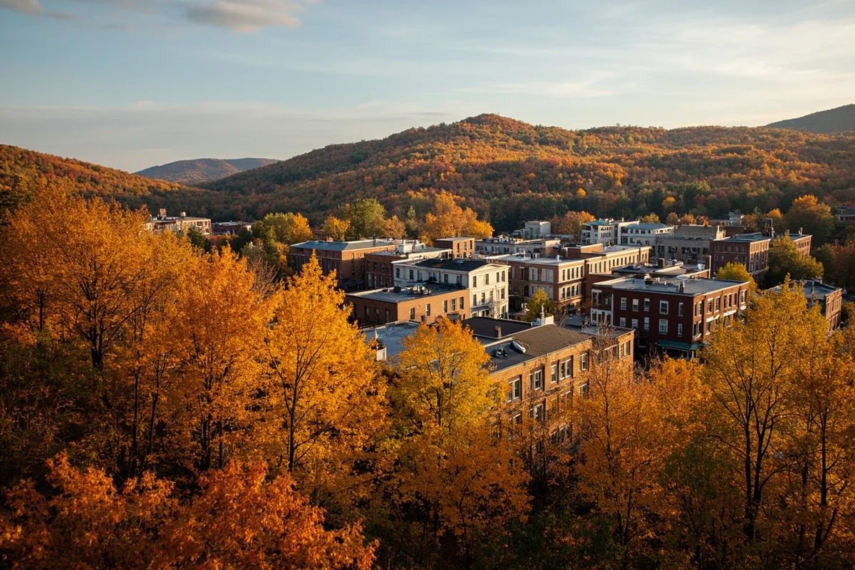 Fall colors surrounding Virginia City with golden aspens and historic buildings