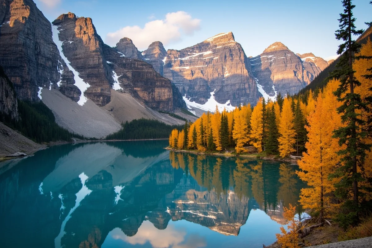 Fall colors with golden larch trees reflecting in a mountain lake